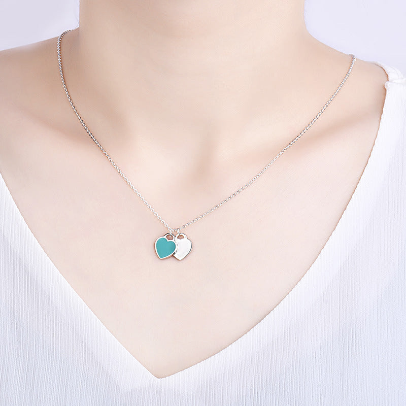 Heart Necklace Red Heart Drop Oil Enamel Blue Clavicle Chain Double Heart Pendant