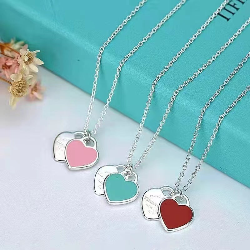 Heart Necklace Red Heart Drop Oil Enamel Blue Clavicle Chain Double Heart Pendant