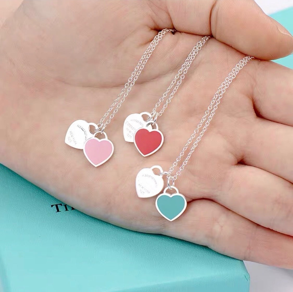 Heart Necklace Red Heart Drop Oil Enamel Blue Clavicle Chain Double Heart Pendant