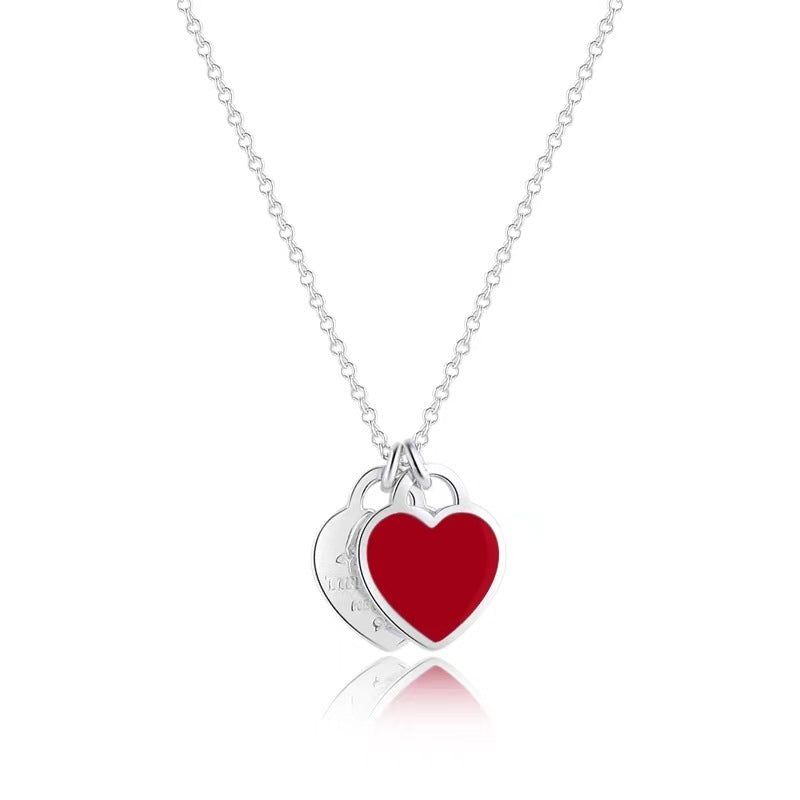 Heart Necklace Red Heart Drop Oil Enamel Blue Clavicle Chain Double Heart Pendant