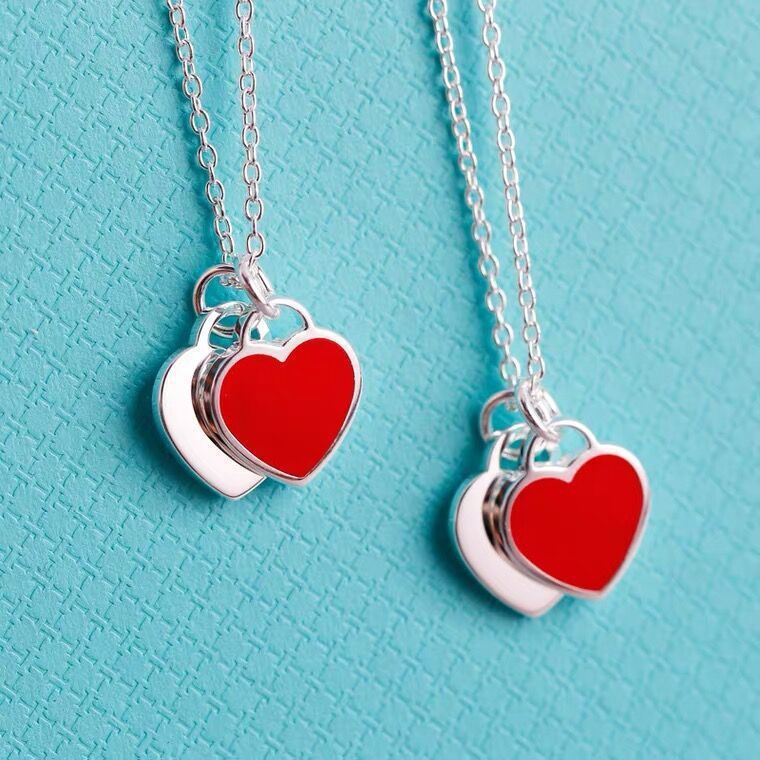 Heart Necklace Red Heart Drop Oil Enamel Blue Clavicle Chain Double Heart Pendant