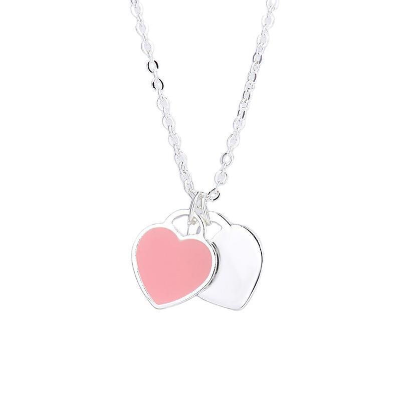 Heart Necklace Red Heart Drop Oil Enamel Blue Clavicle Chain Double Heart Pendant