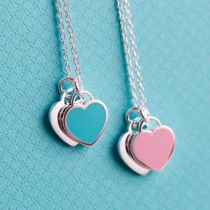 Heart Necklace Red Heart Drop Oil Enamel Blue Clavicle Chain Double Heart Pendant