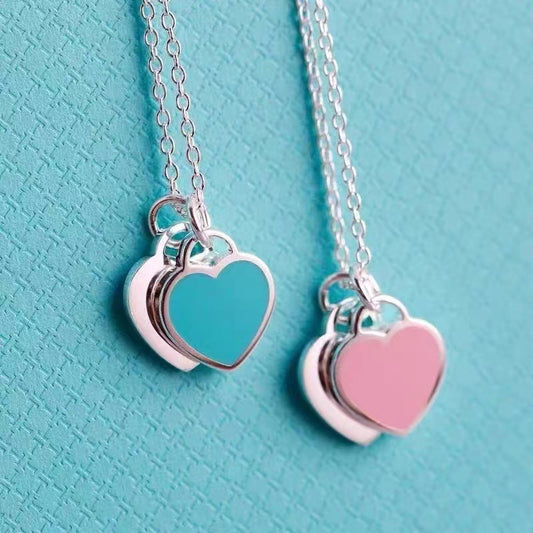 Heart Necklace Red Heart Drop Oil Enamel Blue Clavicle Chain Double Heart Pendant